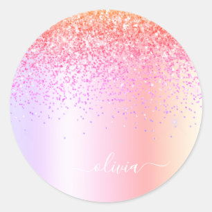 Pastel Rainbow Pink Gold Paars Glitter Monogram Ronde Sticker