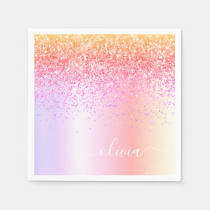 Pastel Rainbow Pink Gold Paars Glitter Monogram Servet