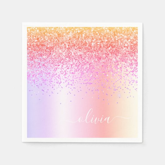 Pastel Rainbow Pink Gold Paars Glitter Monogram Servet (Voorkant)