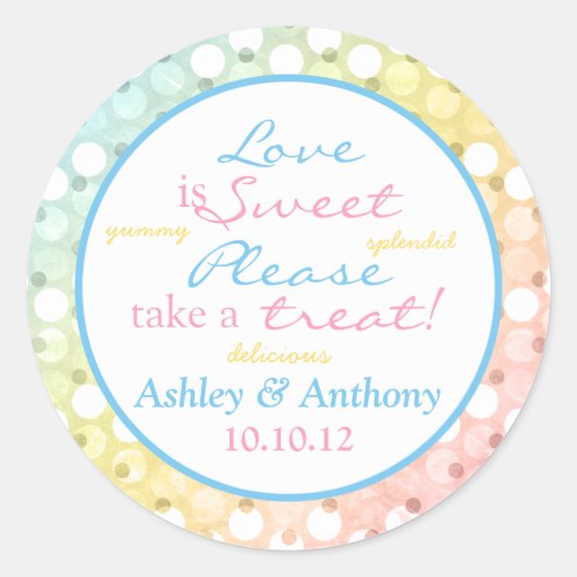 Pastel Rainbow Polka Dot Snoep Buffet Stickers (Voorkant)