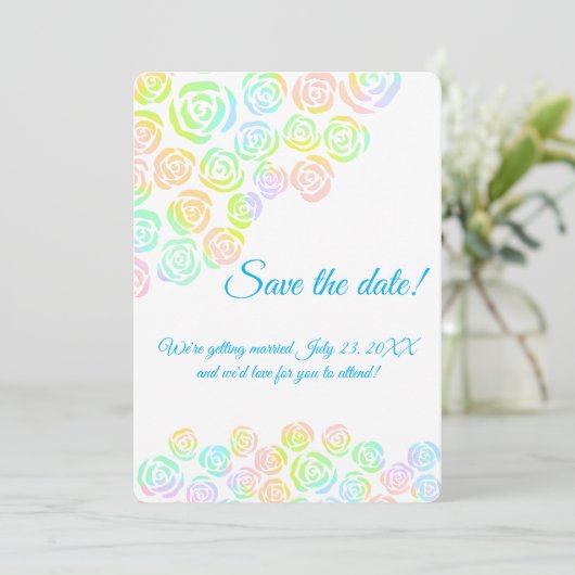 Pastel Rainbow Rozen Weddenschap Save The Date (Staand voorkant)
