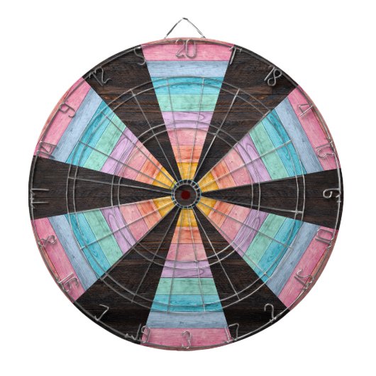 Pastel Rainbow Rustic Wood Tone Dart Board Dartbord (Voorkant)