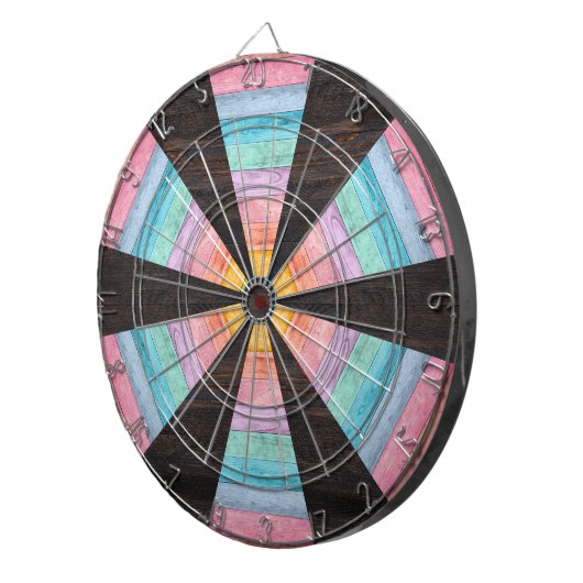 Pastel Rainbow Rustic Wood Tone Dart Board Dartbord (Voorkant Rechts)