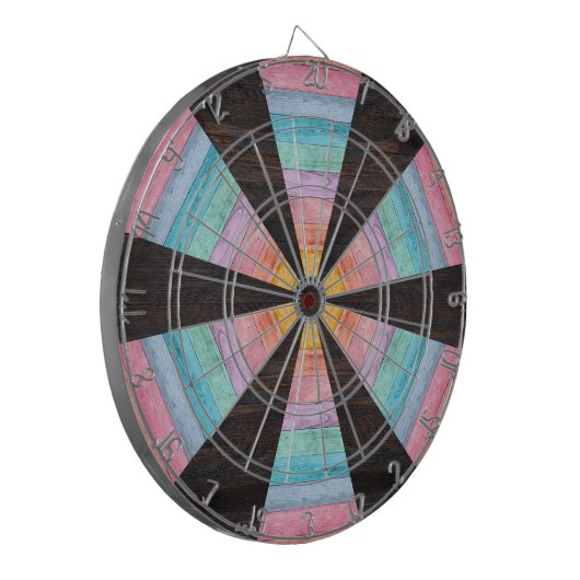 Pastel Rainbow Rustic Wood Tone Dart Board Dartbord (Voorkant Links)