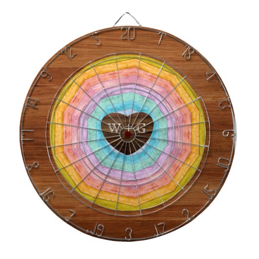 Pastel Rainbow Rustic Wood Tone Monogram harten Da Dartbord (Voorkant)