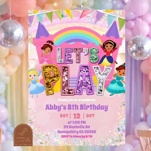 Pastel Rainbow Sequin Bounce Castle Birthday Kaart
