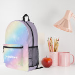 Pastel Rainbow Sparkle gepersonaliseerd Bedrukte Rugzak<br><div class="desc">Personaliseer deze  pastel regenboog sprankeling rugzak beschikt over jouw naam in schattig wit schrijven. Dit magische ontwerp heeft een  roze en paarse motief voor een klein meisje om als boekentas voor school te gebruiken.</div>