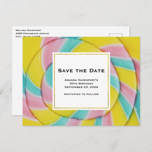 Pastel Rainbow Spiral Snoep Save the Date Uitnodiging Briefkaart (Voorkant / Achterkant)