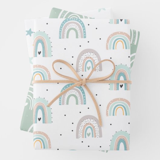Pastel Rainbow Stars Baby Gren Blue Inpakpapier Vel (In situ)