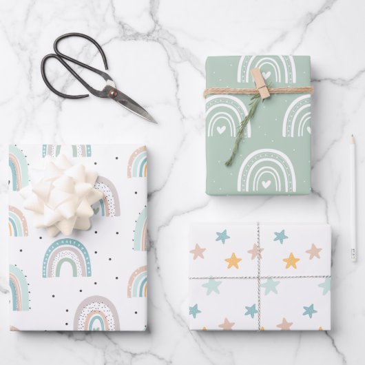 Pastel Rainbow Stars Baby Gren Blue Inpakpapier Vel (Voorkant)