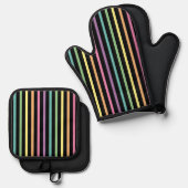 Pastel Rainbow Stripes Patroon op zwart Ovenwant & Pannenlap Set (Voorkant / Achterkant)