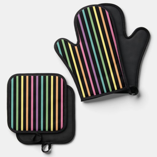 Pastel Rainbow Stripes Patroon op zwart Ovenwant & Pannenlap Set (Voorkant / Achterkant)
