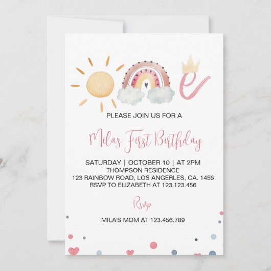 Pastel Rainbow Sunshine 1e Verjaardag Uitnodiging (Voorkant)