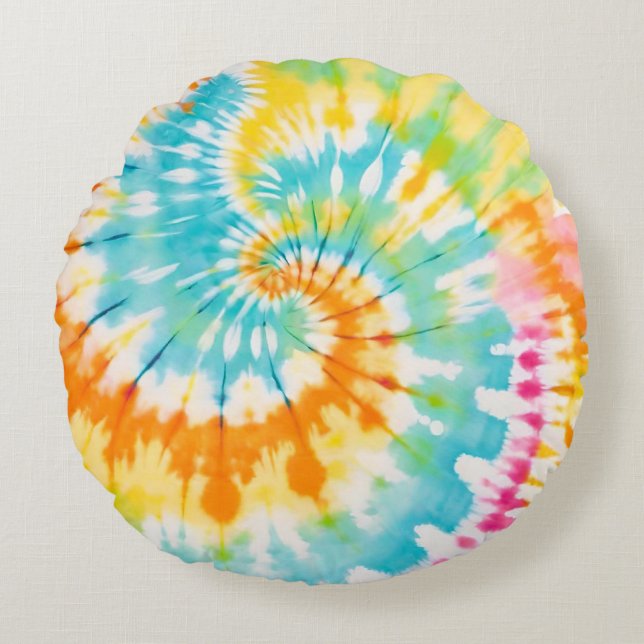 Pastel Rainbow Tie Dye Spiral Pattern Rond Kussen (Voorkant)