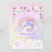 Pastel Rainbow Unicorn 5th Birthday Uitnodiging (Voorkant / Achterkant)