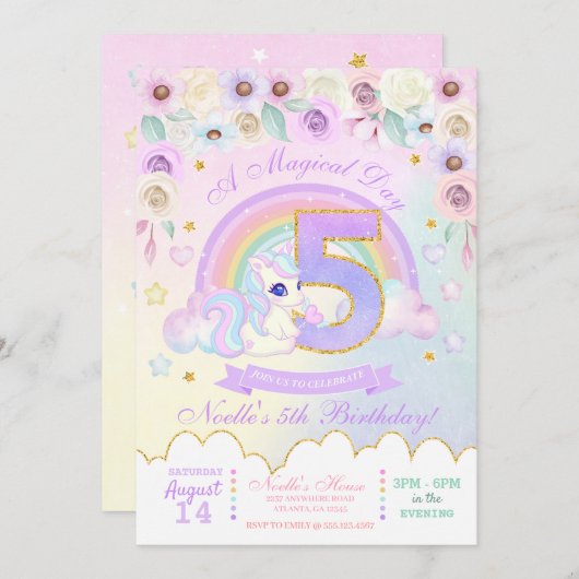 Pastel Rainbow Unicorn 5th Birthday Uitnodiging (Voorkant / Achterkant)