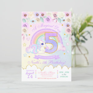 Pastel Rainbow Unicorn 5th Birthday Uitnodiging