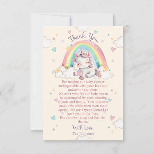 Pastel Rainbow Unicorn Baby shower Bedankkaart (Voorkant)