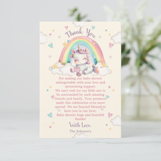 Pastel Rainbow Unicorn Baby shower Bedankkaart (Staand voorkant)