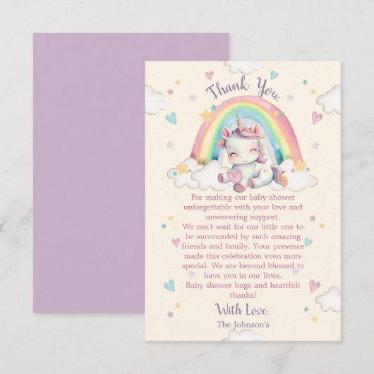 Pastel Rainbow Unicorn Baby shower Bedankkaart (Voorkant / Achterkant)