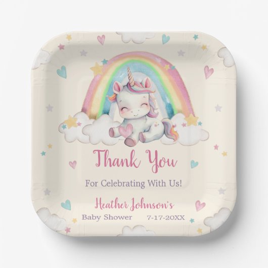 Pastel Rainbow Unicorn Baby shower Papieren Bordje (Voorkant)
