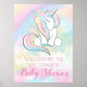Pastel Rainbow Unicorn Baby shower Sign. Poster