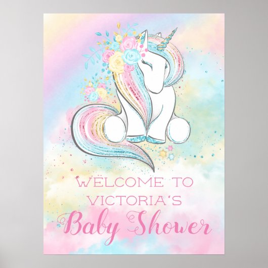 Pastel Rainbow Unicorn Baby shower Sign. Poster (Voorkant)