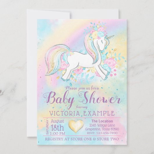 Pastel Rainbow Unicorn Baby Shower-uitnodigingen Kaart (Voorkant)
