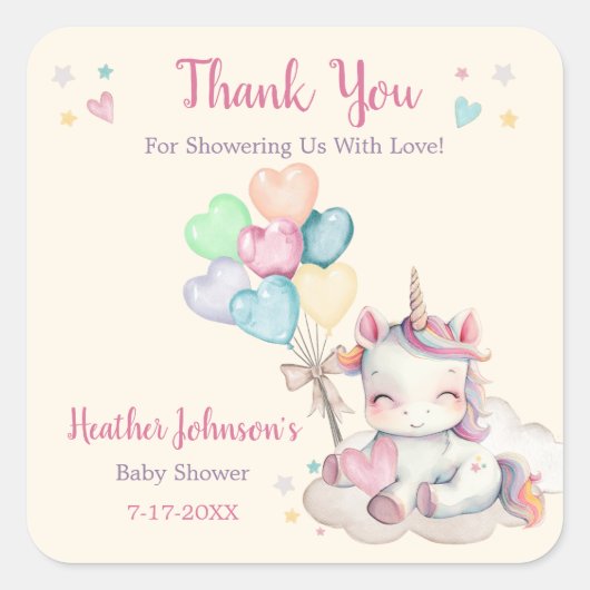 Pastel Rainbow Unicorn Baby shower Vierkante Sticker (Voorkant)