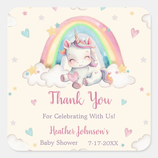 Pastel Rainbow Unicorn Baby shower Vierkante Sticker (Voorkant)