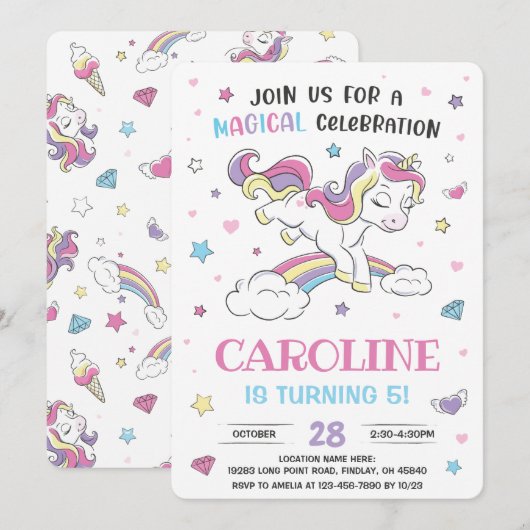 Pastel Rainbow Unicorn Birthday Party, elke leefti Kaart (Voorkant / Achterkant)