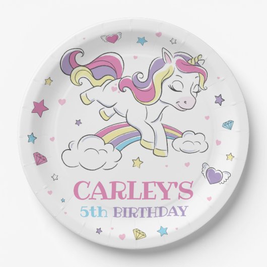 Pastel Rainbow Unicorn Birthday Party, elke leefti Papieren Bordje (Voorkant)
