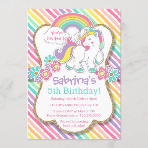 Pastel Rainbow Unicorn Birthday Party Invitation Kaart