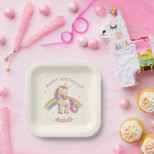 Pastel Rainbow Unicorn Birthday Party Papieren Bordje (Feest)