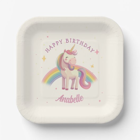 Pastel Rainbow Unicorn Birthday Party Papieren Bordje (Voorkant)