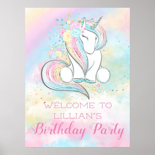 Pastel Rainbow Unicorn Birthday Party Sign Poster (Voorkant)
