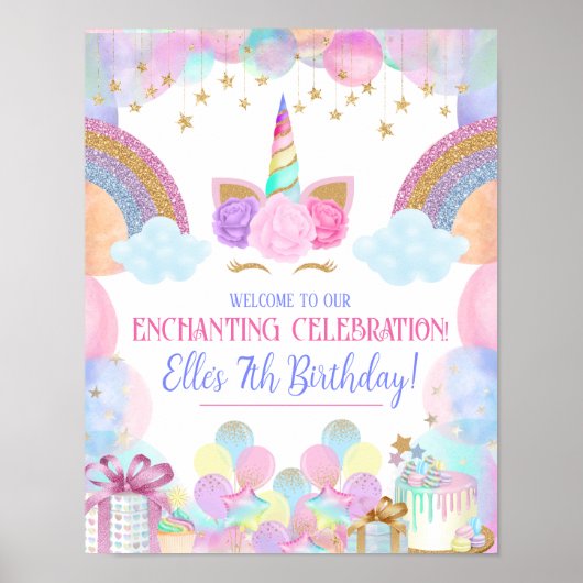 Pastel Rainbow Unicorn Birthday Party Sign Poster (Voorkant)