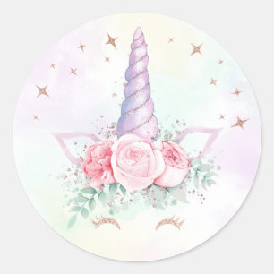 Pastel Rainbow Unicorn Birthday Round Sticker