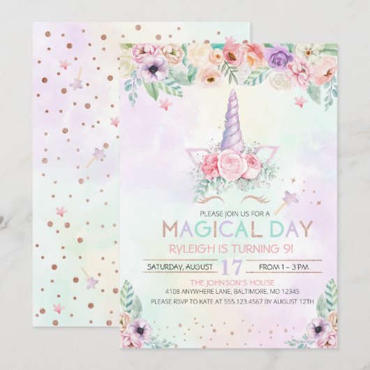 Pastel Rainbow Unicorn Birthday Uitnodiging (Voorkant / Achterkant)