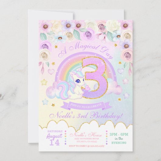 Pastel Rainbow Unicorn derde verjaardag uitnodigin Kaart (Voorkant)