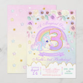 Pastel Rainbow Unicorn derde verjaardag uitnodigin Kaart (Voorkant / Achterkant)