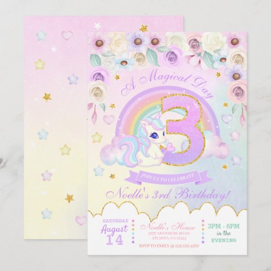 Pastel Rainbow Unicorn derde verjaardag uitnodigin Kaart (Voorkant / Achterkant)