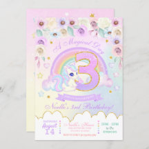 Pastel Rainbow Unicorn derde verjaardag uitnodigin