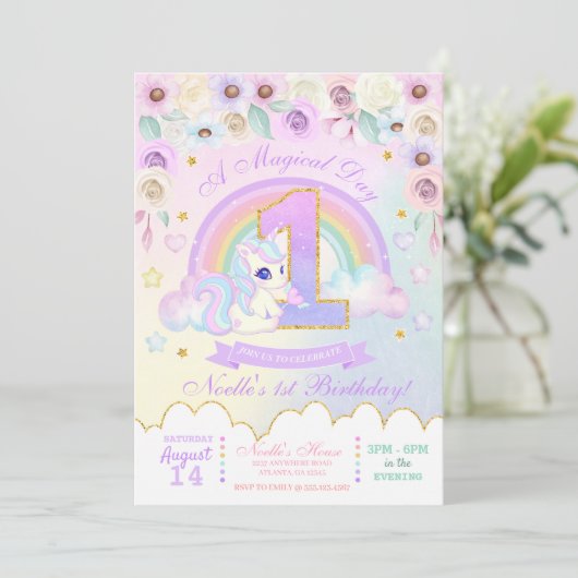 Pastel Rainbow Unicorn Eerste Verjaardag Uitnodigi Kaart (Staand voorkant)