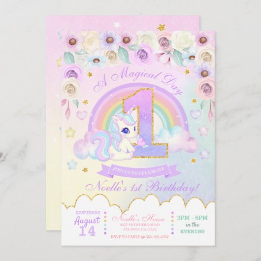 Pastel Rainbow Unicorn Eerste Verjaardag Uitnodigi Kaart (Voorkant / Achterkant)