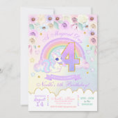 Pastel Rainbow Unicorn Fourth Birthday Invitation Kaart (Voorkant)
