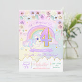 Pastel Rainbow Unicorn Fourth Birthday Invitation Kaart (Staand voorkant)