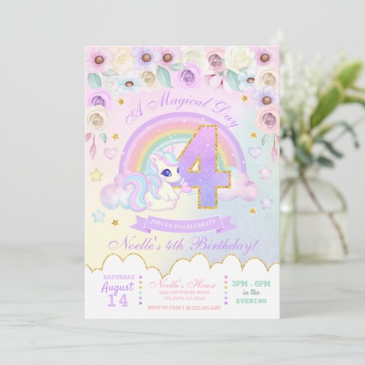 Pastel Rainbow Unicorn Fourth Birthday Invitation Kaart (Staand voorkant)