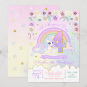 Pastel Rainbow Unicorn Fourth Birthday Invitation Kaart (Voorkant / Achterkant)