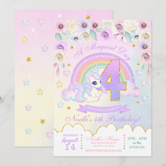Pastel Rainbow Unicorn Fourth Birthday Invitation Kaart (Voorkant / Achterkant)
